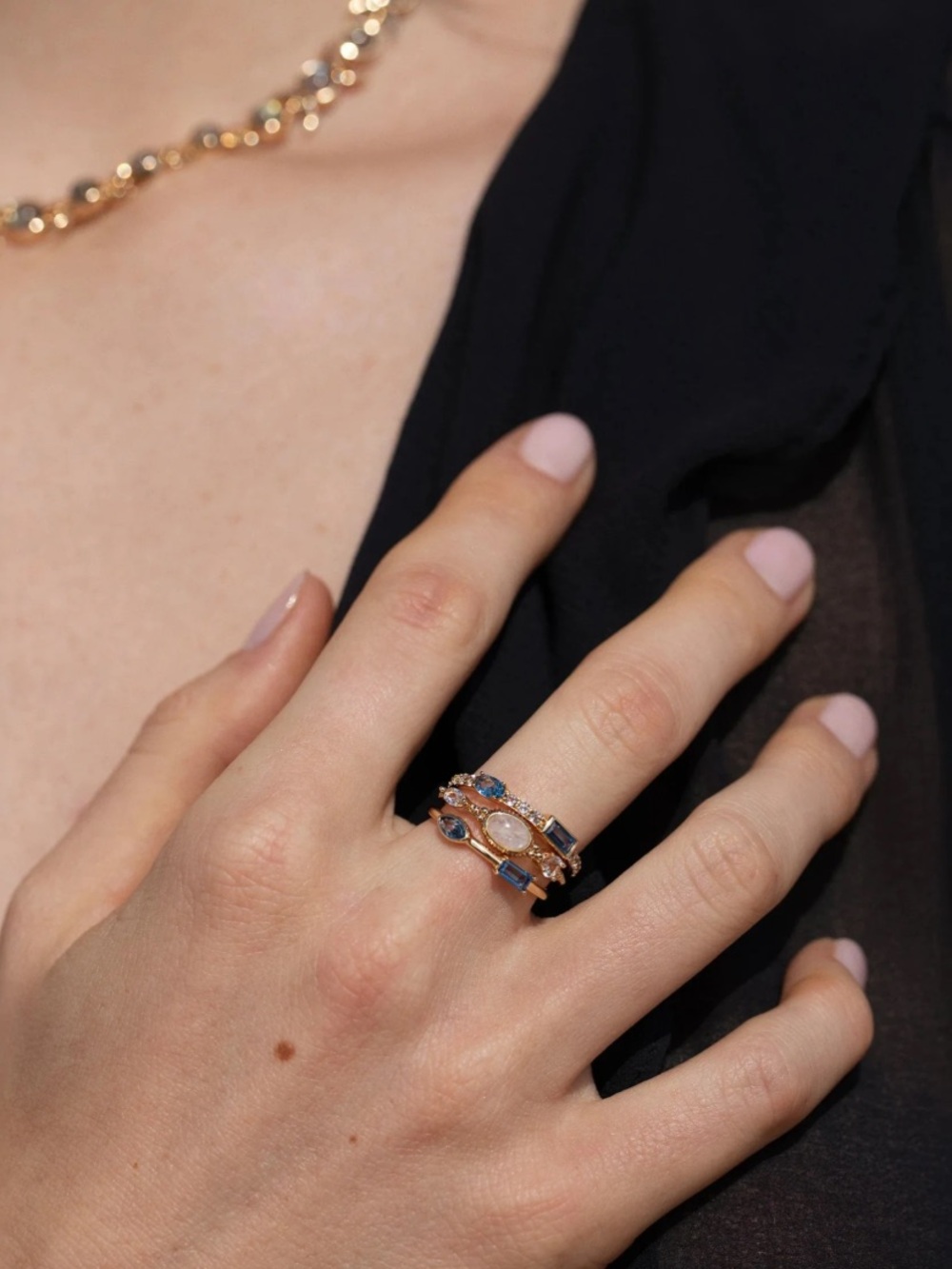 AWE Inspired Oracle Stacking Ring Set - Gold with Blue and Pearl Stones - Picture 5 of 7